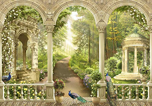 wandmotiv24 Photo murale Fleurs du jardin du parc S 200 x 140cm - 4 pièces photo, papier peint non tissé Paon, colonnes, animaux M1136