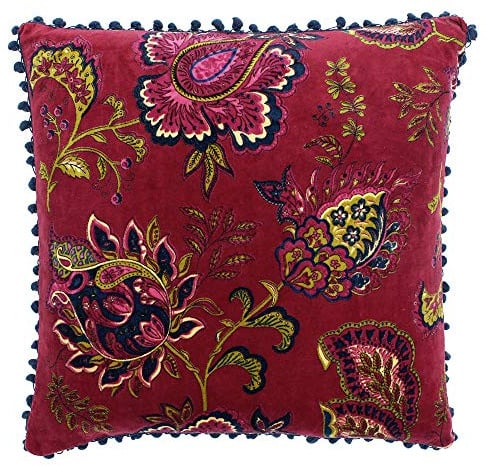 Riva Paoletti Malisa Platz Polyester Gefülltes Kissen Rot - Paisley Indische Druck - Faux-Samt-Gewebe - Blau Pompom Edges - Maschine Waschbar - 100 (20 X 20 Zoll), Baumwolle, Granatapfel, 50 X 50 Cm