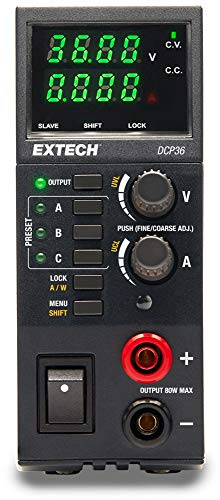 Extech DCP36 Switching DC Power Supply, 80W, 0-36V, Adjustable | 0-36V, up to 5A, 80W constant power, digital LED displays, overload/short/thermal protection, leads