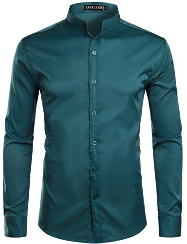 PARKLEES Chemise à manches longues pour homme - Couleur unie - Coupe ajustée - Facile à repasser - Col montant - Pour affaires - Loisirs