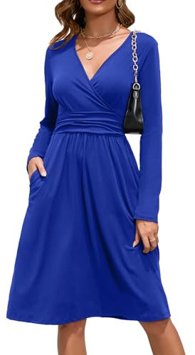 OUGES Women's Midi Dress V-Neck Wrap Casual Ladies Long Sleeve Dress with Pockets(Blue,M)