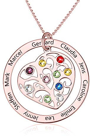 Family Tree Necklace Personalised Engraved Up to 10 Birthstones Heart Tree Of Life Pendant Mom Name Necklace for Grandma 925 Sterling Silver Rose Gold -Mothers Day Gift