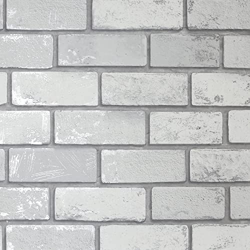 Arthouse ArtiSTICK Metallic Brick White Silver Peel & Stick Self Adhesive Wallpaper 6m Long - Great for Upcycling Furniture - Cabinets Kitchen Drawers Shelves - Peel & Stick 300200