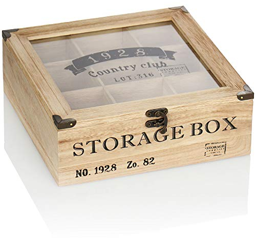 com-four® Rustikale Teebeutel Aufbewahrungsbox - Teebox im Landhausstil mit 9 Fächern und Sichtfenster - Teekiste - Teeaufbewahrung - Teebeutelbox (01 Stück - 24x24x8.5cm Vintage)