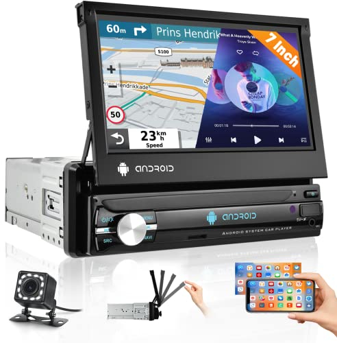 Autoradio 1 Din Android 15 GPS Hikity Stereo Auto Bluetooth con Schermo 7 Pollici Estraibile Touchscreen FM RDS Auto Radio, Mirror Link per Android 15/IOS Smartphone WiFi SWC + Telecamera Posteriore