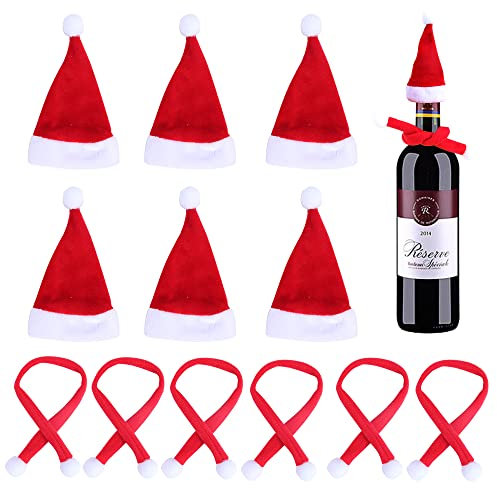 Skystuff Mini Santa Hats Set Red, 12 PCS Christmas with Scarves for Felt Wine Bottle Covers Table Decor Tableware Cutlery Holders Finger Xmas Party Favor, White, S