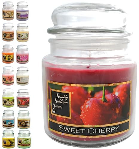 SIMPLY SUBLIME SCENTS - Candela Profumata di Lusso - Ciliegia Dolce - Oli Profumati di Alta qualità - Fino a 76 Ore - Medio - in Vasetto - Rosso