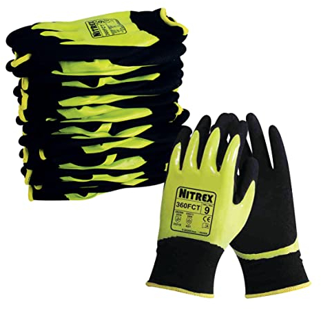 NITREX 360FCT Work and Safety Gloves, Bag of 10 Pairs - Double Dipped Thermal Yellow Gloves with Sandy Nitrile Palm Coating in Black/Neon Yellow, Size 7