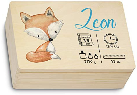 kultdog Premium Erinnerungsbox Baby personalisiert Holzkiste Geschenk zur Geburt Holzbox Truhe Erinnerungskiste individualisiert farbiger Druck Junge bedruckbar Geburtsdaten Name