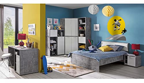 expendio Jugendzimmer Coburg 23 Betonoptik weiß 6-teilig Kinderzimmer Jugendbett Nako Eck-Kleiderschrank 2X Regal Schreibtisch