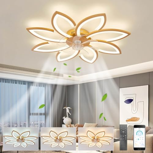 LJX Ceiling Fans with Lights and Remote DC 90cm Fans with Led Lamps Silent Dimmable 6 Speed for Living Room Bedroom Lounge Flower Ceiling Fan Light, Gold