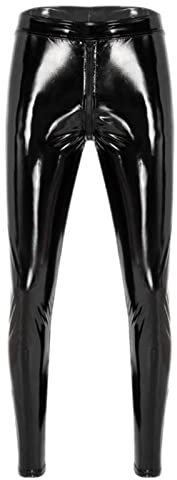 Herren-Leggings mit elastischer Taille und Reißverschluss im Schritt, nasse Passform, Lackleder, Schwarz, 4XL