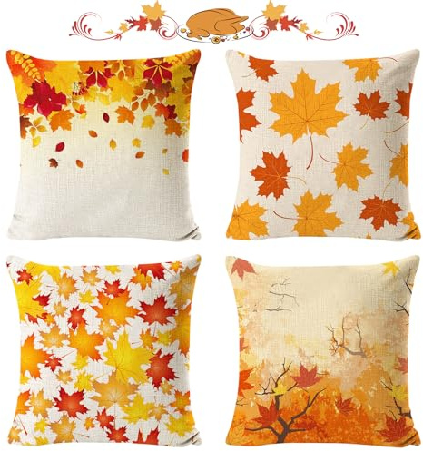 4 Stück Herbstdeko Innen, 45x45cm Kissen, Kissenbezug Herbst