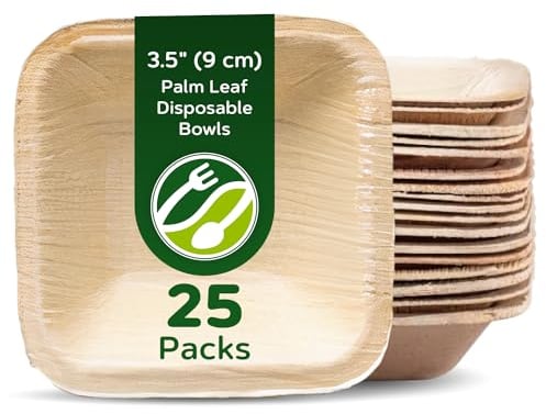 ECO Leaf 25 Disposable Palm Leaf Square Bowls, 3.5 (9cm), 100ml (3oz) - Snack Bowls, Sauce Pots, Ketchup & Mayo Pots, Eco-Friendly, Biodegradable Heavy-Duty Bowls for Weddings, Parties, Oven Safe