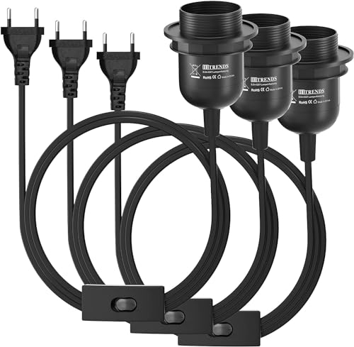 3 Stück E27 Lampenfassung mit Kabel, E27 Fassung mit Schalter und Stecker, Lampenfüße mit 3m Kabel Netzkabel Schraubring für Lampenaufhängung Pendelleuchte Hängeleuchte