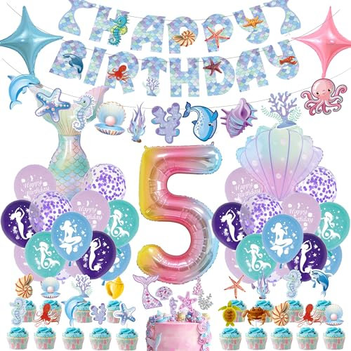 Meerjungfrau Geburtstag Deko 5 Jahre - Geburtstagsdeko FüR MäDchen Meerjungfrauen Party Kindergeburtstag Dekoration Mit Happy Birthday Girlande Meerjungfrau Folienballon Konfetti Luftballon Tortendeko
