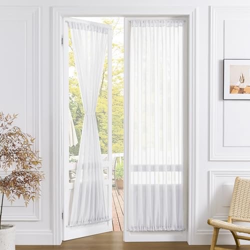 Tollpiz Sheer Door Curtain Closet Linen Textured Curtains Sheer Doorway Light Filtering Voile Patio Glass Door Rod Pocket Curtain French Door, 54 x 72 inches Long, White, Set of 1 Panel