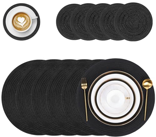 Pauwer Platzsets und Untersetzer 6er Set, Runde Baumwolle Hitzebeständig Platzdeckchen Waschbare rutschfest Tischmatte mit Untersetzer für Esszimmer, Küche, Hochzeit, Party, Schwarz