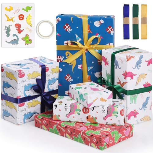 Bigqin Dinosaurier Geschenkpapier, 6 Blätter 50 x 70 cm Geburtstag Geschenkverpackung mit Band Aufkleber Doppelseitigem Klebeband, Dino Kinder Happy Birthday Geschenkpapier Set