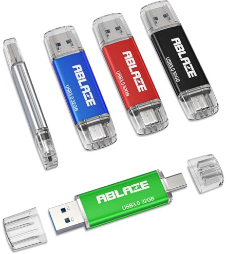 ABLAZE Lot de 5 clés USB 3.0 + USB C 32 Go | Compatible avec iPhone 17/16/15, smartphone Android, ordinateur, tablette Mac, ordinateur portable, 5 couleurs mélangées