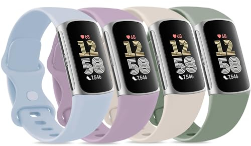 Vancle 4PACK Armbands für Fitbit Charge 6 Armband Fitbit Charge 5 Armband Damen Herren,Silikon Sport Weiches Ersatzarmband Uhrenarmband für Fitbit Charge 5/6(S,Satellite/Hellblau/Milchtee/Grün)