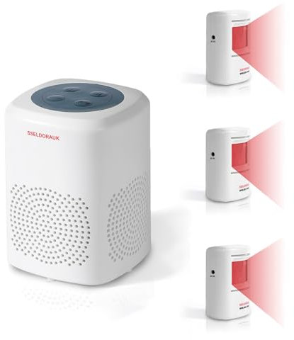 S SELDORAUK Motion Sensor, PIR Dog Barking Alarm Door Chime Alert Guard Doorbell Wireless Infrared Detect Device Wall Mounted for Home Entering Reminder Range 1000ft 110dB (1Receiver+3Detectors)