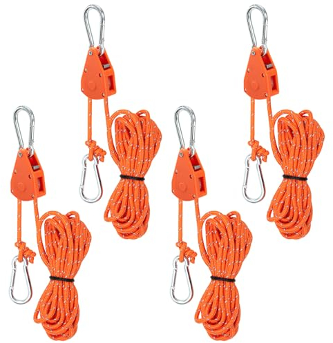 4 Pieces Ratchet Hangers, Accroche-Corde réglable, 4M Duty Heavy Rope Cable Cliquet avec Crochet Tendeur de Corde pour Tente Suspension Culture Plante Lampe (Orange, 4)
