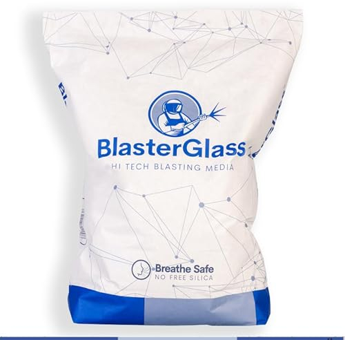 BLASTERGLASS Sabbia Abrasiva di Vetro 20KG per Sabbiatura a Pressione - Abrasiva Riutilizzabile - Sabbia per Sabbiatrice in Vetro - Granulometria 100-300 Micron - Borsa da 20KG
