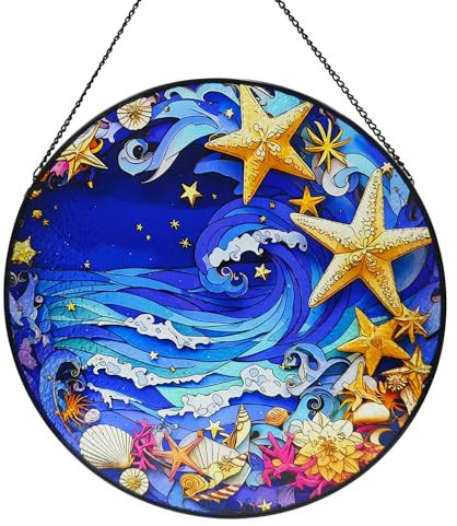 ZZHAOYI 9.8'' Shell Starfish Stained Glass Window Hanging, Wave Beach Suncatcher for Window, Ocean Themed Wall Decor for Bathroom Kitchen, Sea Glass Sun Catcher Gift for Son, Daughter
