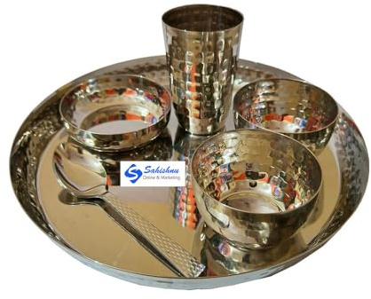 Sahishnu Online and Marketing Geschirr-Set aus Edelstahl, Hammer-Stil, indisches Geschirr, traditionelles indisches Tafelservice aus Thali, Schüsseln, kleinem Teller, Glas und Löffeln