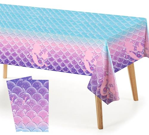 2 Stück Meerjungfrau Tischdecke, Meerjungfrau Party Tischdecke 137 x 274 cm, wasserdichte Meerjungfrau Themen Tischdecke für Geburtstagsfeiern, Familienessen, EIN Picknick Machen (Lila)