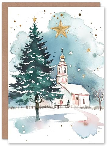 Wee Blue Coo Russian Village Church Tree Festive Fun Xmas Art Blank For All Christmas Card