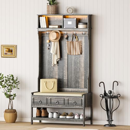 Lvifur Garderobenständer mit Gaderobenhaken und Schuhregal mit Sitzfläche,Garderobenständer mit ablage und 3 Schubladen,Garderobe freistehend Kleiderschrank mit LED-Leuchte 40T x 86B x 170H cm