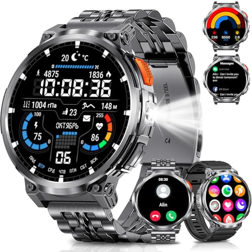 PODOEIL Reloj inteligente militar de gran pantalla 1.85 pulgadas para hombre con linterna, batería de 730 mAh, IP68, llamadas Bluetooth, 114 modos deportivos, monitor