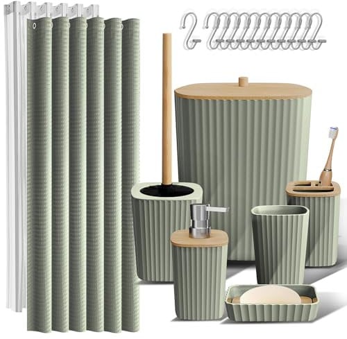 Clara Clark Badezimmer-Set, 20-teilig, mit Duschvorhang-Set, WC-Bürste, Abfalleimer und Seifenspender, Salbeigrün