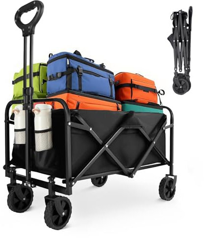 Zusammenklappbarer Wagen, 100 kg, robuste Wagenwagen, faltbar, tragbare Wagen für Lebensmittel, Strandwagen mit All-Terrain-Rädern und Getränkehaltern, Mehrzweckwagen für Einkaufen, Sport, Camping