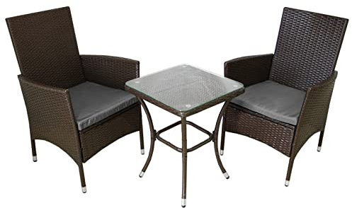 Braunes Rattan-Bistro-Set, Outdoor-Möbel, 3-teiliges Terrassenset mit Glasplatte, Tisch, 2 Stühlen und grauen Kissen, UV-Schutz, waschbare Bezüge, Regenschutz, ideal für Garten, Wintergarten, Balkon