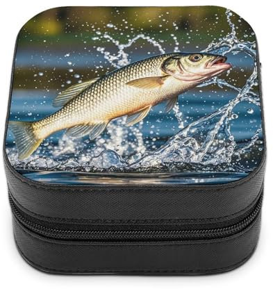 Tragbares Reise-Schmuckkästchen, große Öffnung, Barsch, Bissen, Köder, bedruckt, kleine Schmuckschatulle, PU-Leder, Mini-Ohrringe, Aufbewahrung, Ringe, Organizer für Damen, Halsketten, Armbänder
