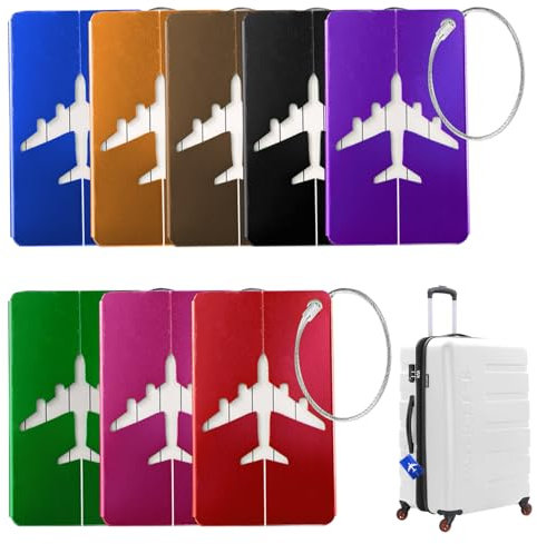 8 PCS Etiquette Bagage Valise, Etiquette Valise Voyage Avion Aluminium,Étiquette Valise Avion avec Carte Inox et PVC étanche Cordon Inox Porte Etiquette en Métal pour Sac à dos de Voyage, Valise