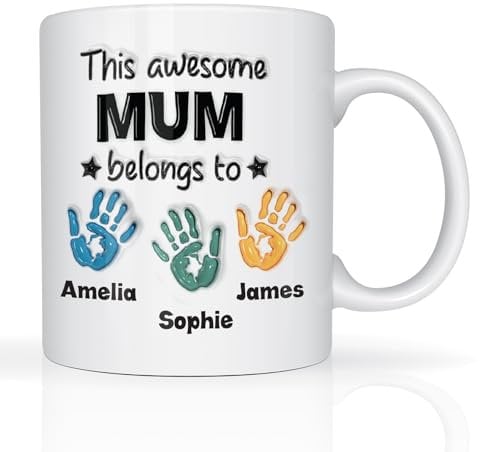 Star Online Personalised Mothers Day Mug Gifts for Mum This Awesome Mum Belongs to Childrens Handprints Mugs from Daughter & Son 11oz Ceramic Coffee Cup Novelty Mug Birthday Presents