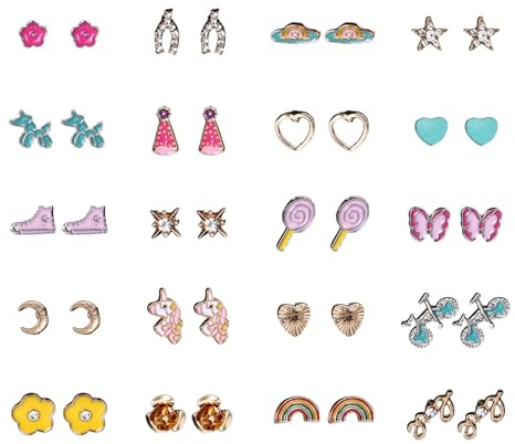 JewelryWe Ohrstecker Set Mädchen: 7/12 Paar Edelstahl Hypoallergene Kleine Haus Pilz Blume Pentagramm Stern Alpaka Hirsch Kirschen Ohrringe für Kinder Jugendliche