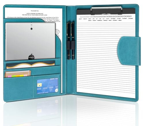 NOTEZMATE PU-Leder Klemm Brett Mappe DIN-A4 mit Deckel, Dokumententasche Klemmbrett Schreibmappe mit Dokumentenfächern, Stiftehalter und Magnetverschluss Geeignet für Geschäftstreffen(Türkis)