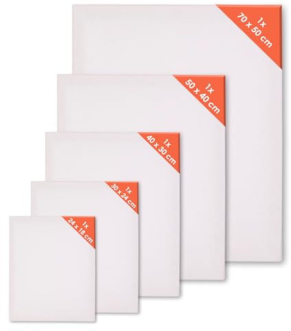 Leinwand auf Keilrahmen verschiedene Größen im 5er Set - 24 bis 70 cm - Kunstleinwand mit weiß grundiertem Leinentuch - Baumwoll Malleinwand für Acryl und Ölfarbe Künstler Bedarf Zubehör