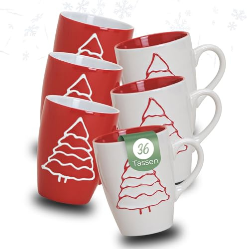 Hermosas tazas de Navidad en caja de cartón de 36 unidades – grandes tazas de café de 300 ml con diseño de árbol de Navidad rojo y blanco