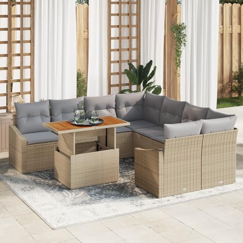 IBUQDDV 9-teiliges Garten-Esszimmer-Set mit grauen Kissen aus strapazierfähigem Poly-Rattan und Akazie, inklusive Zwei Armsofas, Zwei Eckbänke und Vier Mittelsitze für 6-8 Personen,
