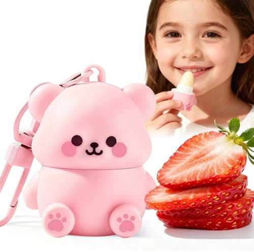 Pink Bear Shape Strawberry Flavor Mini Lip Balm For Kids,Kids Lip Balm,Li-P Gloss For Girls,Moisturising Li-P Bal-M,Cute L-Ip Ba-Lm Keyring,Portable Moisturize Care For Children,Prevent Dryness&Crack
