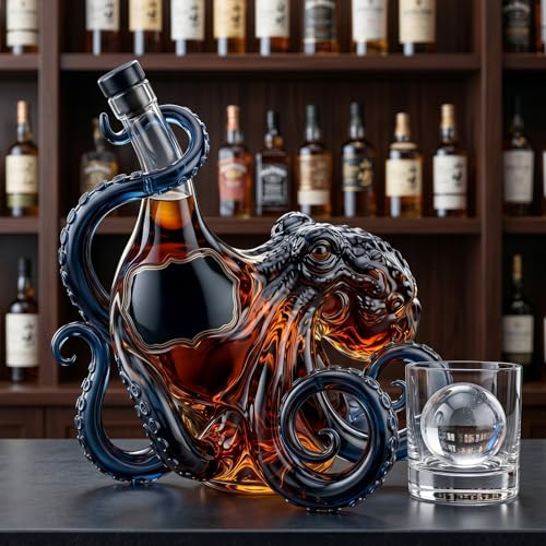 Funight Artistic Octopus Shaped Glass Decanter, 350ml Borosilicate Glass Liquor Bottle, Decorative 3D Deep Sea Tentacle Sculpture, Unique Bar Home Decor Collectible Gift for Men Marine Lovers Black