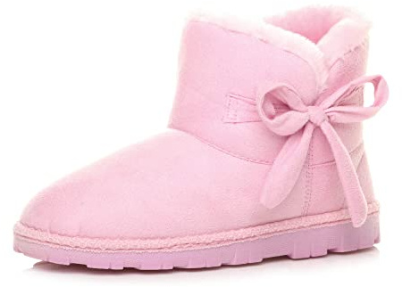 AJVANI Womens ladies bow pull on comfort faux sheepskin fur lined winter ankle boots slippers indoor booties size