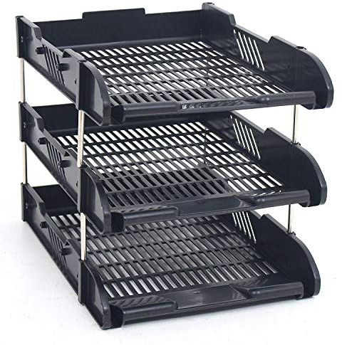 2X Set of 3 Black A4 Desk File Letter Trays & 8 Metal Riser Rods