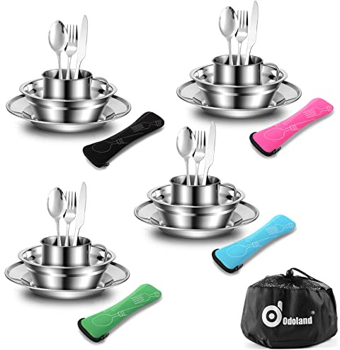 Odoland 29pcs Stainless Steel Utensils Camping Mess Kits with Bowls Plates Cups Forks Spoons and Knives for 4, Camping Cutlery Set for Backpacking, Outdoor Hiking and Picnic